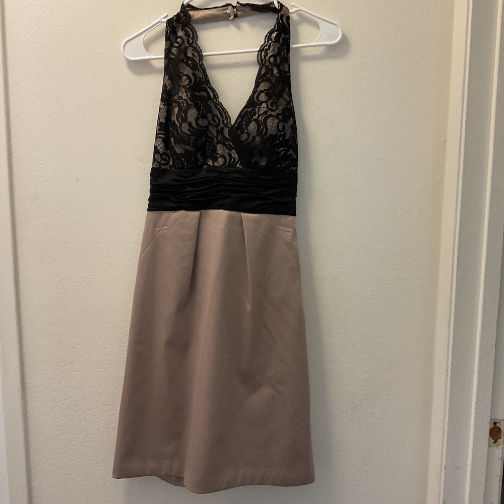 BCBG Paris Black Lace and Gold Halter Dress